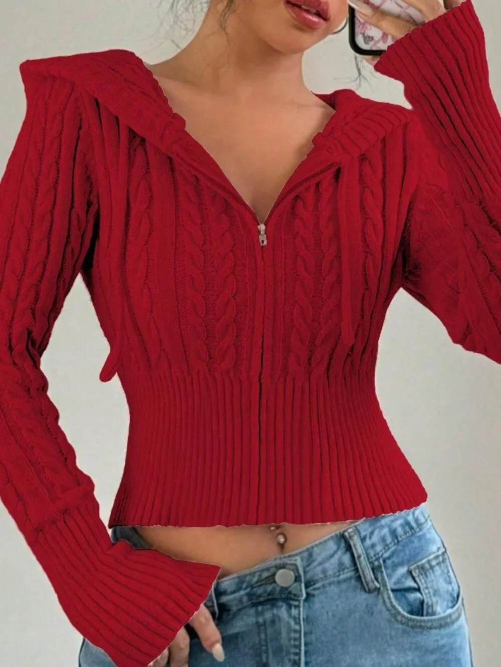 Red Casual Women's zip up Hooded sweater Cardigan